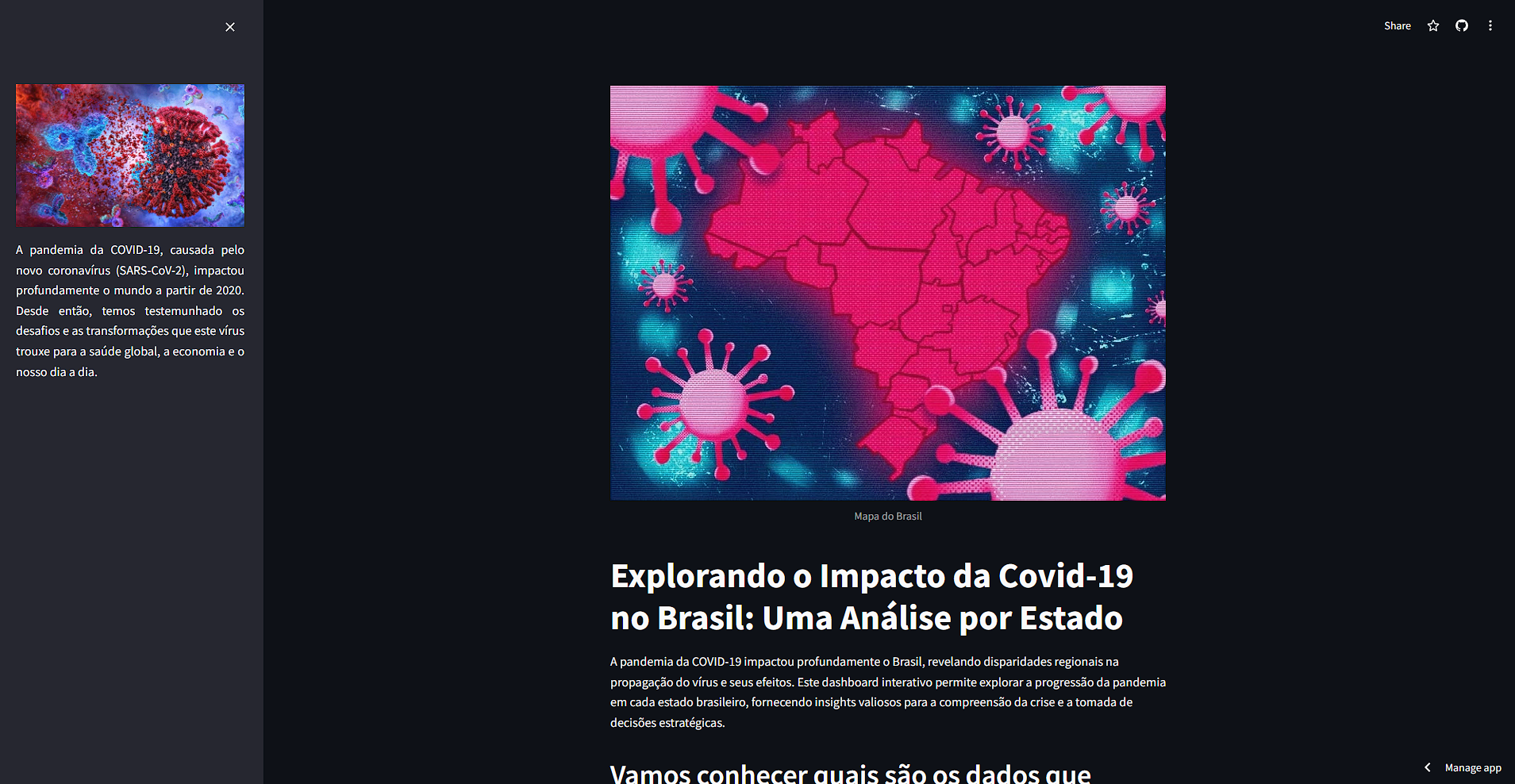 Dashboard COVID-19 mostrando gráficos de evolução da pandemia